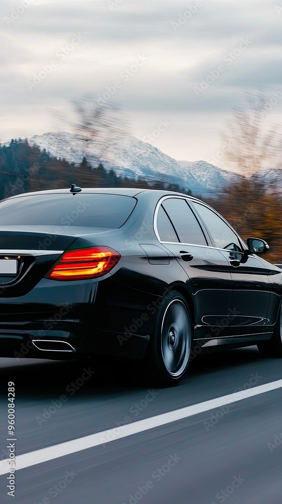 Naklejka premium A black car races along a winding road, framed by majestic snow-covered mountains and lush forests, showcasing speed and motion against a dramatic backdrop