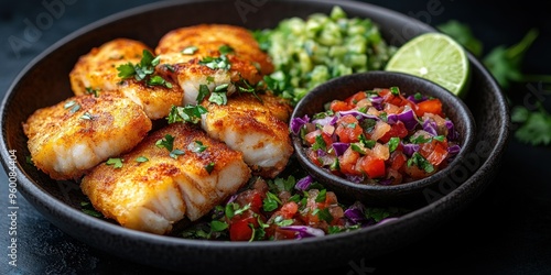 Crispy Fried Fish with Salsa and Lime Wedge on a Plate