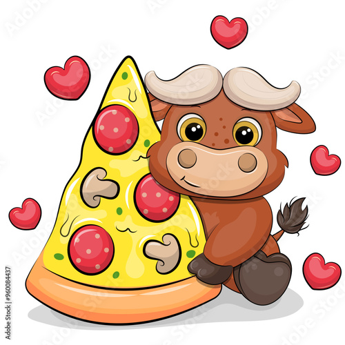 Cute cartoon buffalo with a big piece of pizza. Vector illustration of animal on a white background with red hearts.