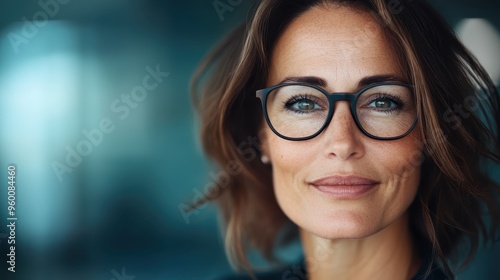 A professional woman wearing glasses and a business outfit looks confidently into the camera, set against a blurred office background, exuding intelligence and poise.