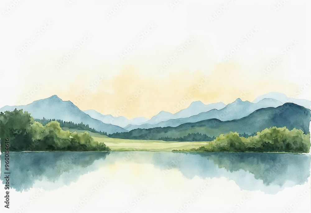 Watercolor landscape with mountains, trees and clouds Watercolor landscape with mountains, trees and clouds