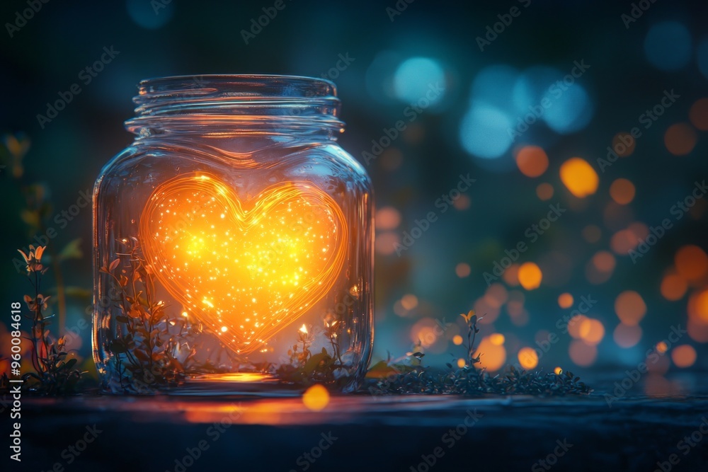 A glowing heart-shaped object in a jar with beautiful dreamy background 