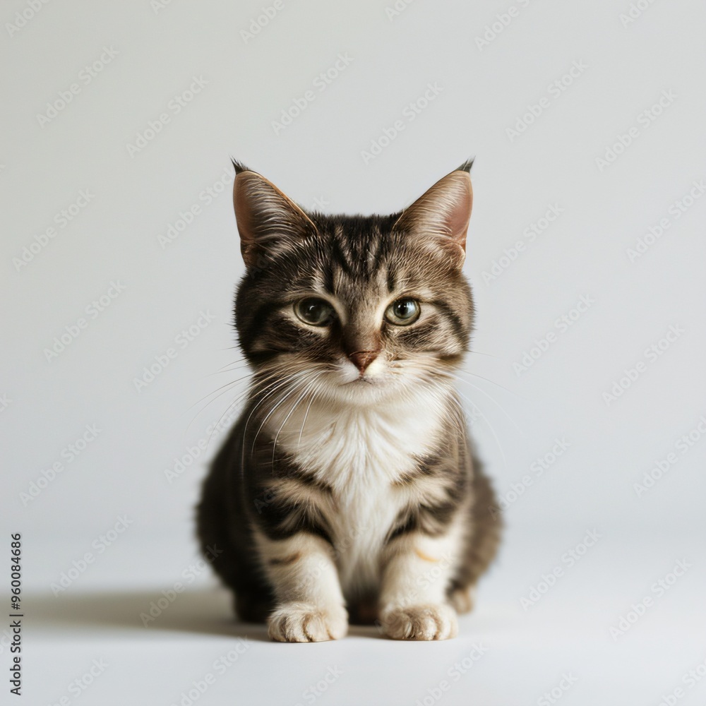 Obraz premium Adorable Tabby Cat Sitting on White Background