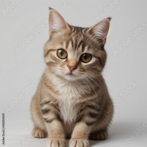 Adorable Tabby Cat Sitting on White Background