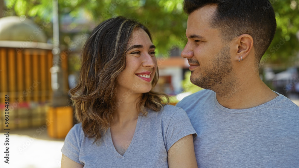 Couple smiling happily while looking at each other in a sunny, urban park, showcasing their affection and togetherness outdoors. Couple smiling happily while looking at each other in a sunny, urban park, showcasing their affection and togetherness outdoors.