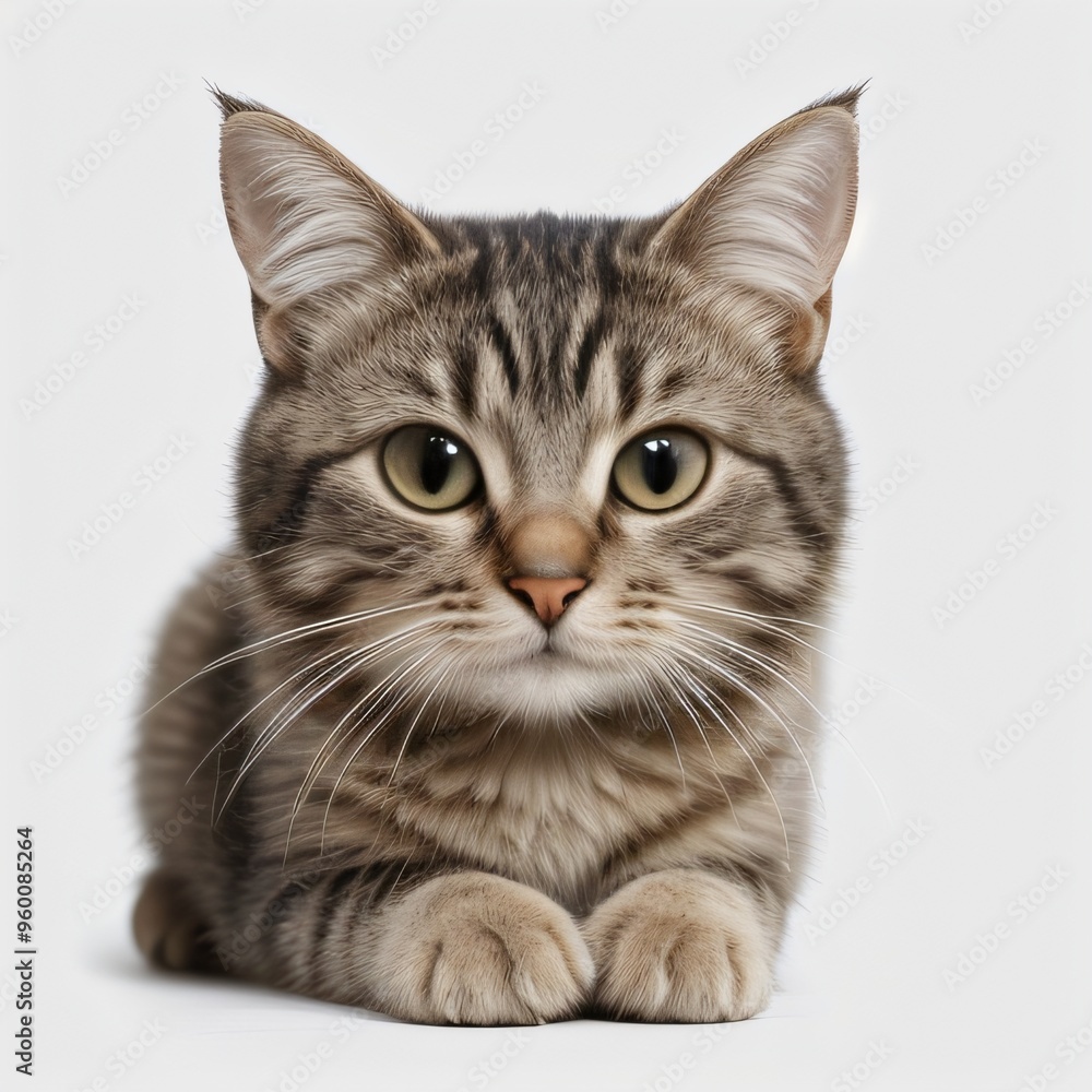 Fototapeta premium Adorable Tabby Cat Sitting on White Background