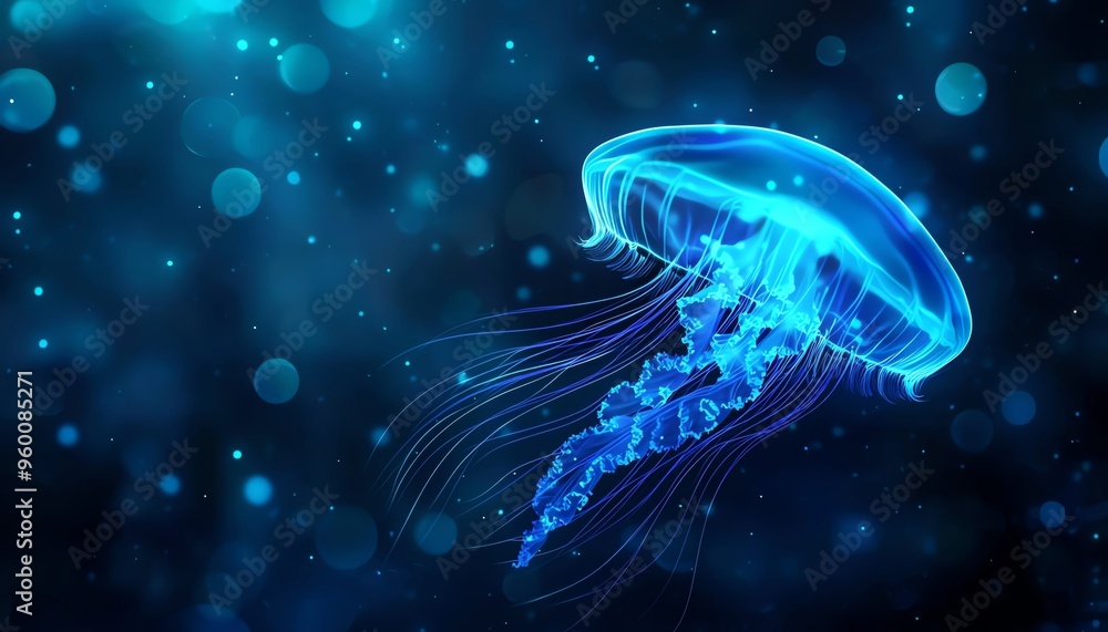 A mesmerizing blue jellyfish gracefully swims through a deep ocean, surrounded by ethereal bubbles and glowing light. A mesmerizing blue jellyfish gracefully swims through a deep ocean, surrounded by ethereal bubbles and glowing light.
