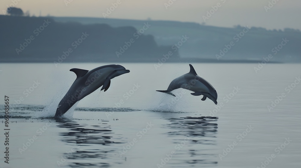 Fototapeta premium Adorable dolphins leaping out of a calm sea AI generated illustration