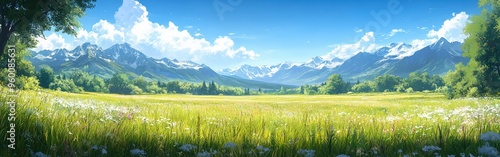 Serene Watercolor Landscape of Green Grasslands and Distant Hills