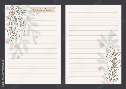 Christmas notebook page template set vectors, organic line art layout illustration vectors