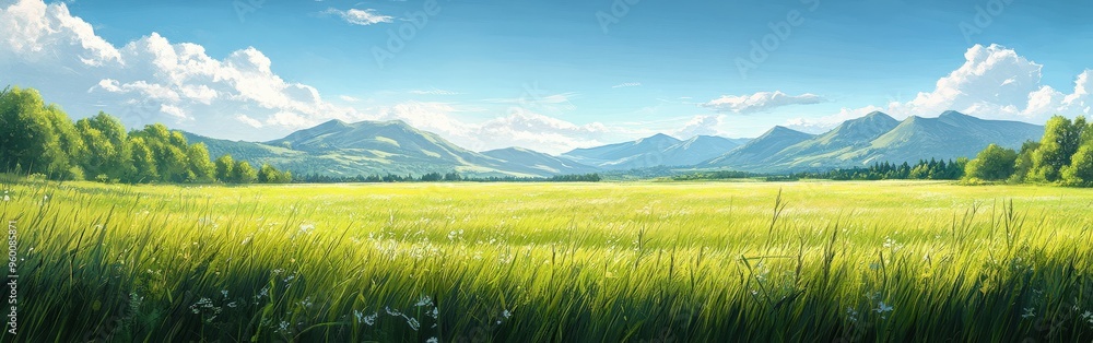 Serene Watercolor Landscape of Green Grasslands and Distant Hills Serene Watercolor Landscape of Green Grasslands and Distant Hills