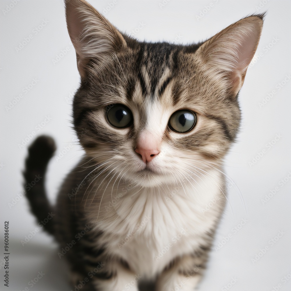 Obraz premium Adorable Tabby Cat Sitting on White Background