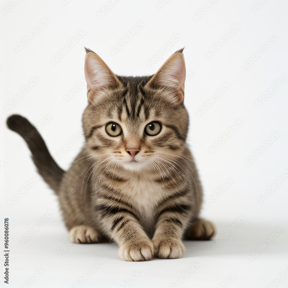 Fototapeta premium Adorable Tabby Cat Sitting on White Background
