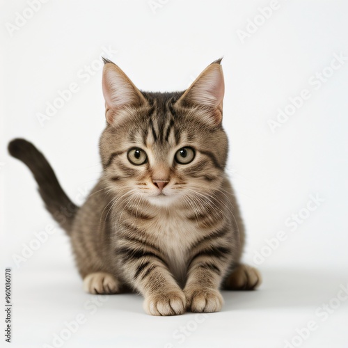 Adorable Tabby Cat Sitting on White Background