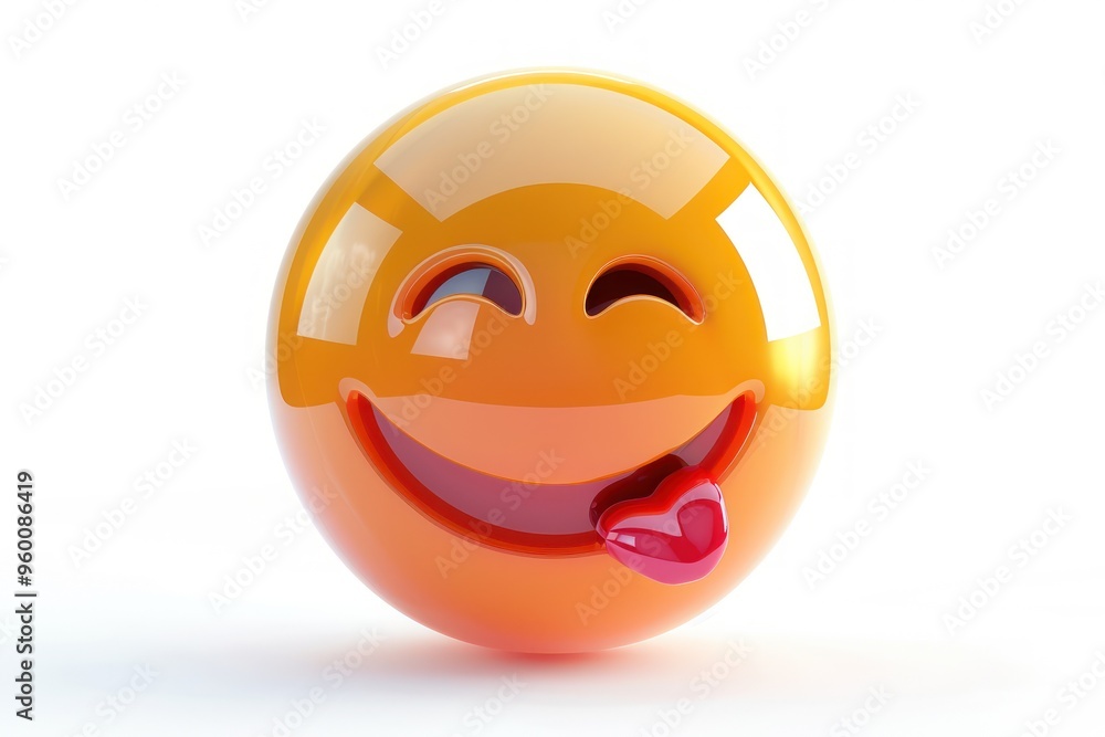 Fototapeta premium A face tongue out emoji icon a glossy reflective surface isolated on a white background