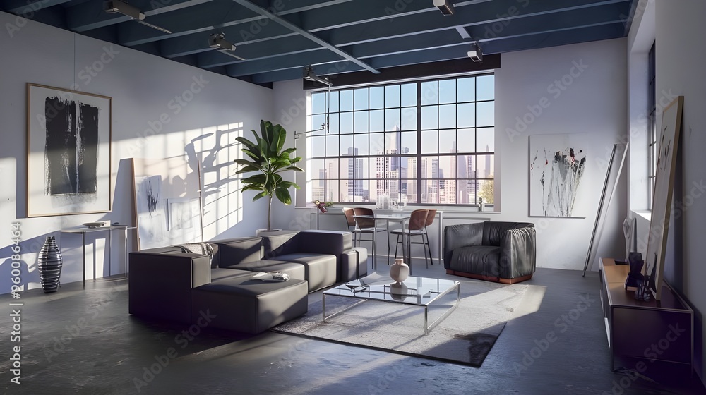 A panoramic view of a loft apartment's living room. The room has a high ceiling and is filled with modern furniture.There's a large sofa with a glass table. A potted plant. A panoramic view of a loft apartment's living room. The room has a high ceiling and is filled with modern furniture.There's a large sofa with a glass table. A potted plant.