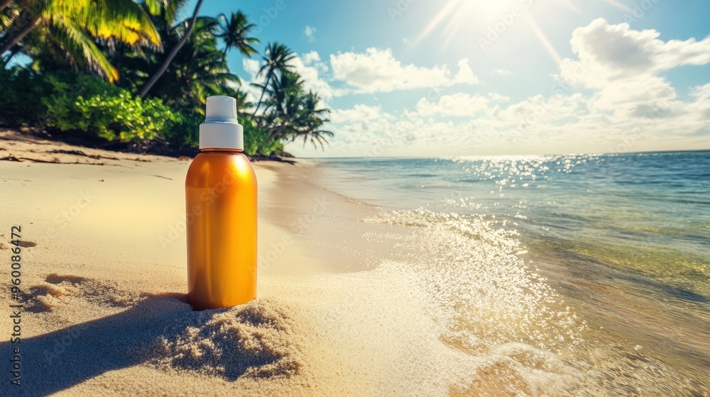 Sunscreen Bottle on Tropical Beach with Crystal Clear Water and Sunshine Sunscreen Bottle on Tropical Beach with Crystal Clear Water and Sunshine