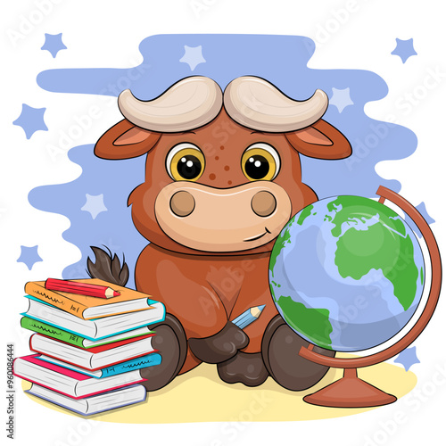 Cute cartoon buffalo with books and a globe. School animal vector illustration on a blue background with stars.