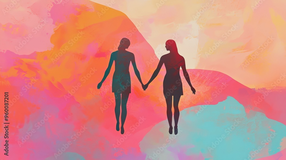 Fototapeta premium Two Silhouettes of Women Holding Hands Against a Colorful Abstract Background, Representing Connection, Love, and Support in a Relationship.