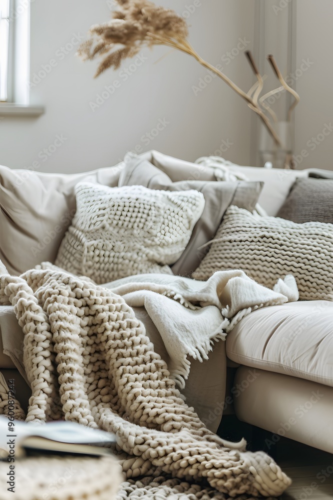Blankets and pillows thrown over a comfortable minimalistic couch AI generated illustration Blankets and pillows thrown over a comfortable minimalistic couch AI generated illustration