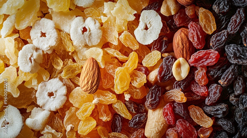 Dried tropical fruits with various nuts and raisins, top view.super design Dried tropical fruits with various nuts and raisins, top view.super design