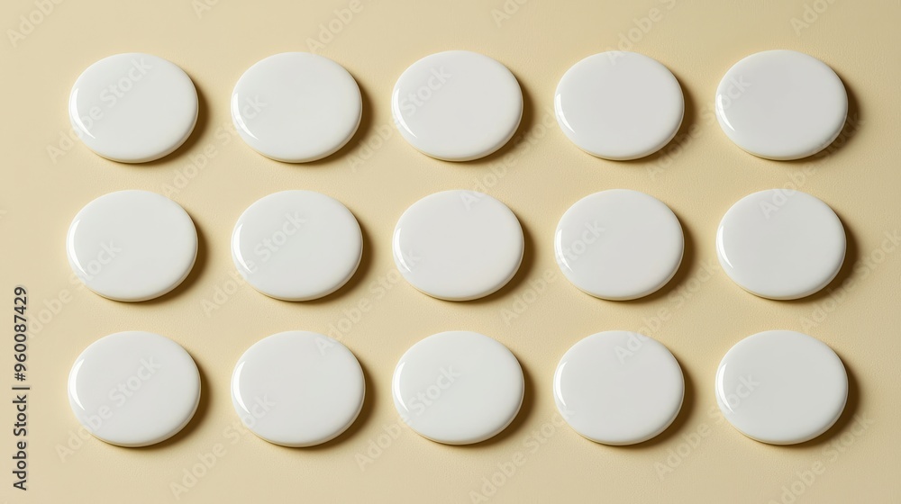 White Round Buttons Arranged in Rows on Beige Background White Round Buttons Arranged in Rows on Beige Background