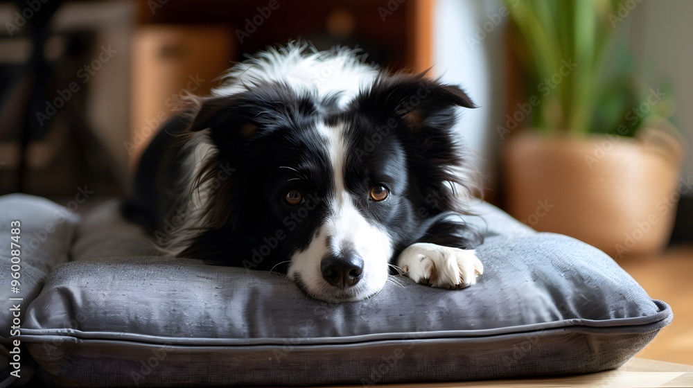 Border Collie enjoying a warm sleek pet pillow in a minimalist setting AI generated illustration Border Collie enjoying a warm sleek pet pillow in a minimalist setting AI generated illustration