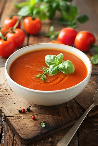 Classic tomato soup in a white bowl on a wooden surface AI generated illustration