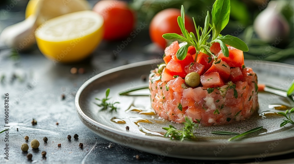 Fish tartare with a beautiful presentation on a plate Fish tartare with a beautiful presentation on a plate