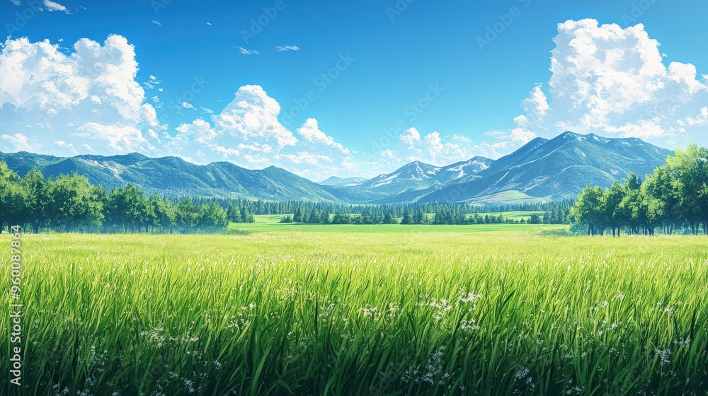 Obraz premium Serene Watercolor Landscape of Green Grasslands and Distant Hills