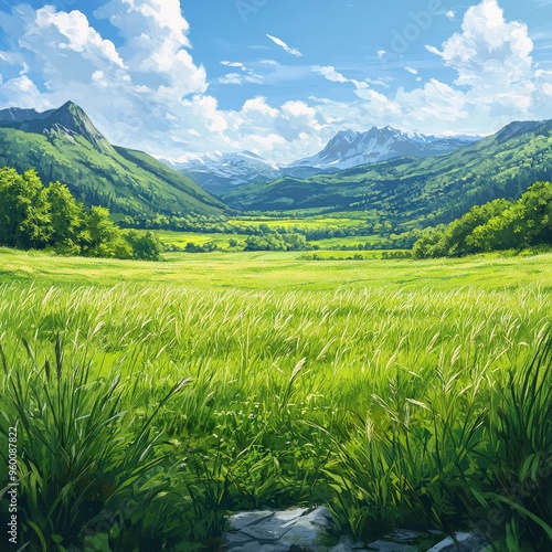 Serene Watercolor Landscape of Green Grasslands and Distant Hills