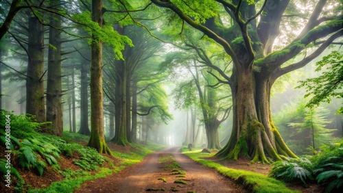 Serene misty morning scene in Caledonia Forest, with towering ancient trees, lush green foliage, and a winding forest path disappearing into the foggy distance. photo