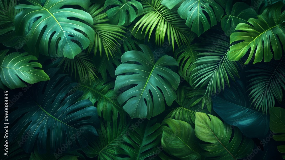 Fototapeta premium A background featuring lush tropical leaves, palm fronds, and exotic plants. Generative AI