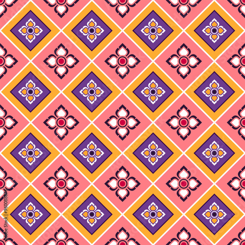 Vibrant geometric pattern with colorful floral motifs. Retro style seamless design  repeating diamond shapes and stylized flowers. Perfect fabric, wallpaper, graphic design projects. Floral pattern.