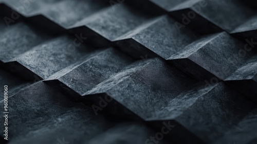 A close-up view of a dark, textured geometric pattern featuring sharp rectangular shapes arranged in a diamond-like formation, combining shadow and light contrast.