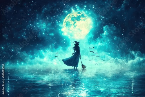 Enchanting fantasy landscape with woman walking on water under moonlight