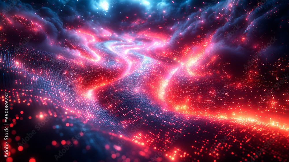 © Eva - Un paisaje abstracto y arremolinado de circuitos brillantes, nubes pixeladas y formas holográficas, con ríos de neón que representan flujos de datos y mezclan los mundos digital y físico.