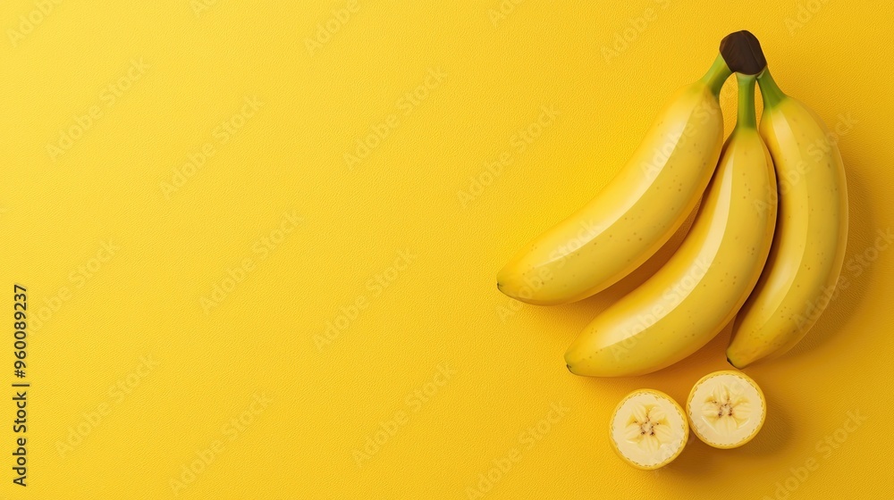 Fototapeta premium Fresh ripe bananas on a vibrant yellow background, perfect for promoting healthy eating and vibrant lifestyle.