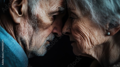 A partial view showing the close-up profiles of an elderly couple sitting closely together, symbolizing companionship, love, and the enduring bond shared through the years. photo