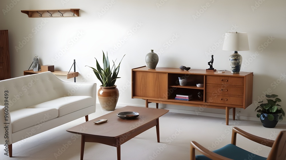 A mid-century modern living room with a white sofa and a wooden sideboard. The sideboard has a few home decor items,including a vase, a lamp, and a small statue. A mid-century modern living room with a white sofa and a wooden sideboard. The sideboard has a few home decor items,including a vase, a lamp, and a small statue.