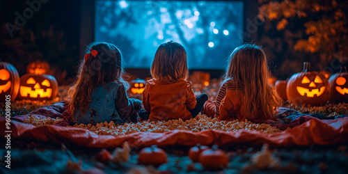 Familias reunidas en un parque para una noche de cine de Halloween al aire libre, sentadas en mantas bajo las estrellas. Los niños disfrazados se acurrucan con pamitas y caramelos para ver una pelí photo