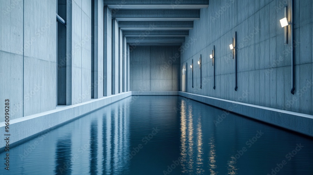 Fotografie Hydroelectric Power Station Interior with Reflective Water Surface