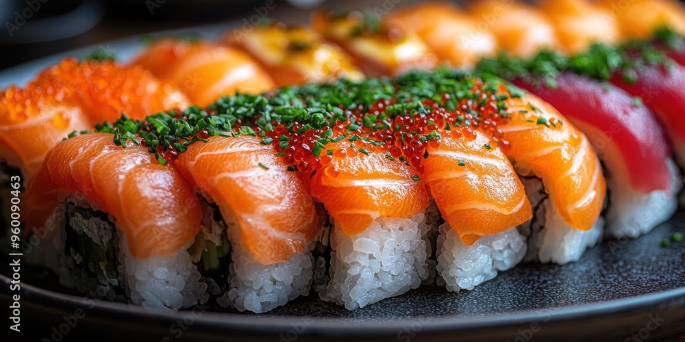 Close-Up of Salmon Sushi Rolls Topped with Red Caviar and Green Onions Close-Up of Salmon Sushi Rolls Topped with Red Caviar and Green Onions