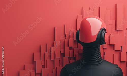 Futuristic red robot with headphones stands against a textured red background, symbolizing technology and innovation.
