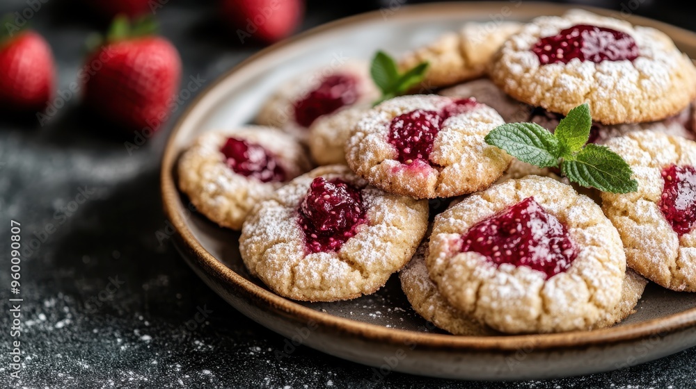 Cookies topped with strawberry jam on a plate, artistically decorated with fresh mint leaves, evoking a sense of homemade delight and natural flavors. Cookies topped with strawberry jam on a plate, artistically decorated with fresh mint leaves, evoking a sense of homemade delight and natural flavors.