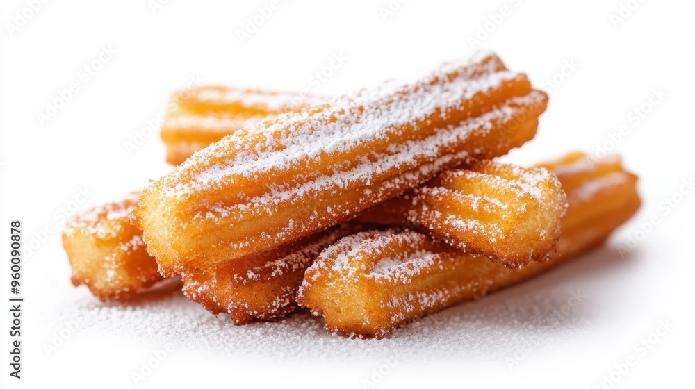 A close-up view of four delicious churros dusted with powdered sugar, lying on a white background, showcasing the perfect blend of crunchiness and sweetness. A close-up view of four delicious churros dusted with powdered sugar, lying on a white background, showcasing the perfect blend of crunchiness and sweetness.