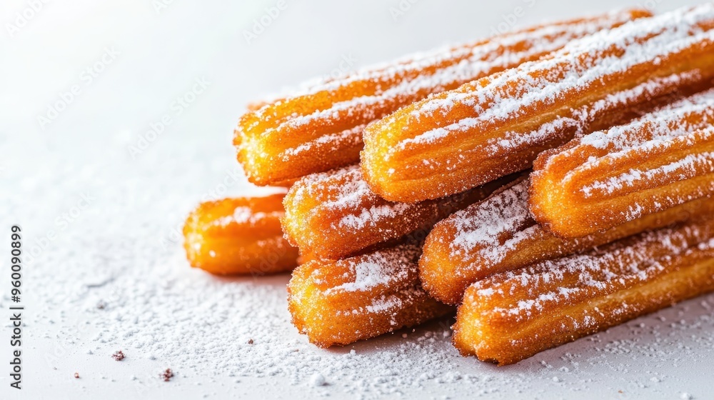 A neat stack of churros sprinkled with powdered sugar lies on a soft, white surface, emphasizing their golden-brown texture and sweet sugar coating. A neat stack of churros sprinkled with powdered sugar lies on a soft, white surface, emphasizing their golden-brown texture and sweet sugar coating.