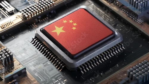 Close-up of a microchip featuring the Chinese flag, symbolizing China's advancements in technology and semiconductor industry. Represents global tech competition, innovation, and digital dominance