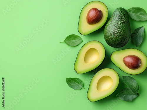 Vibrant avocados and green leaves on a bright background, showcasing fresh, healthy produce for culinary or wellness themes. photo