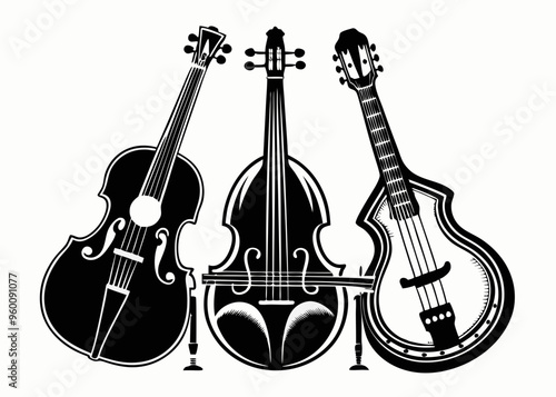 Set of contrabass, mandoline, banjo musical instrument vector illustration isolated. Orchestra stringed instruments ink drawn. Black white element for design wrapping, postcard, brochure, invitation
